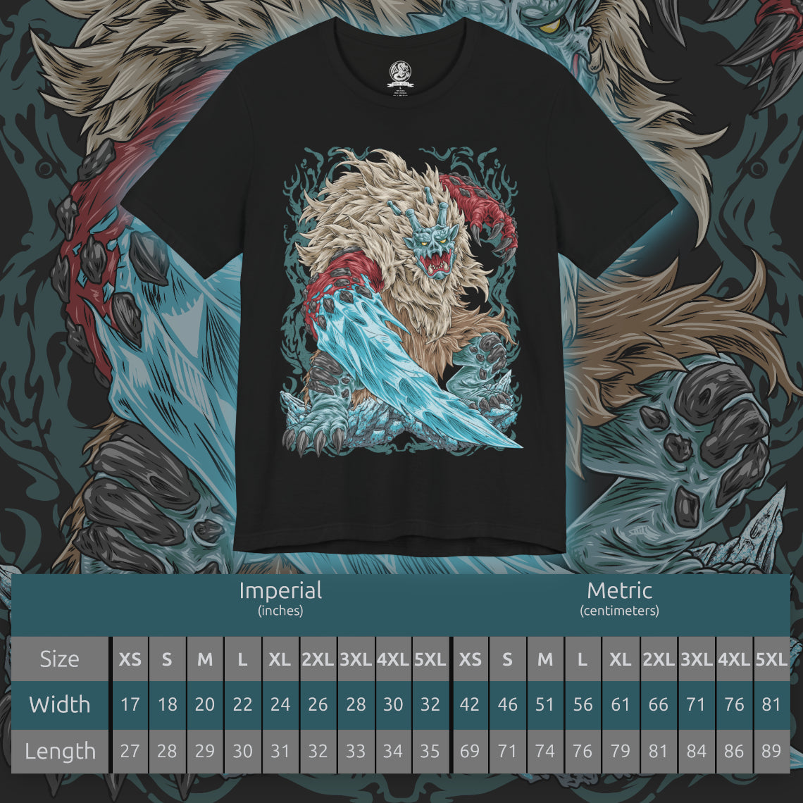 Size chart of a T-shirt featuring Goss Harag from Monster Hunter Rise, showcasing the massive white-furred Fanged Beast with its terrifying frozen blades and icy weapons, inspired by Japanese folklore and the frozen Frost Islands.