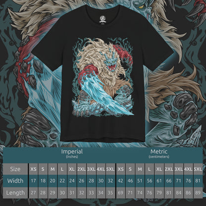 Size chart of a T-shirt featuring Goss Harag from Monster Hunter Rise, showcasing the massive white-furred Fanged Beast with its terrifying frozen blades and icy weapons, inspired by Japanese folklore and the frozen Frost Islands.