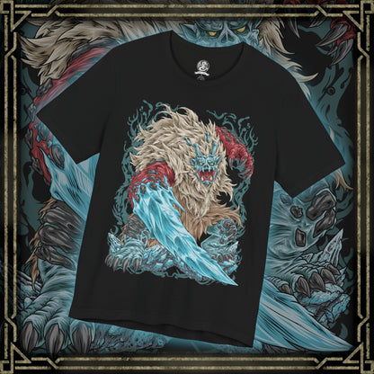 Thumbnail of a T-shirt featuring Goss Harag from Monster Hunter Rise, showcasing the massive white-furred Fanged Beast with its terrifying frozen blades and icy weapons, inspired by Japanese folklore and the frozen Frost Islands.