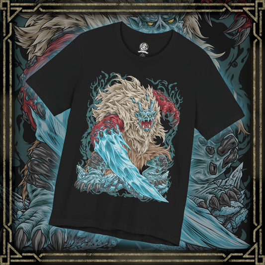 Thumbnail of a T-shirt featuring Goss Harag from Monster Hunter Rise, showcasing the massive white-furred Fanged Beast with its terrifying frozen blades and icy weapons, inspired by Japanese folklore and the frozen Frost Islands.