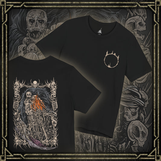 Thumbnail of a T-shirt featuring Gravelord Nito from Dark Souls, the first of the dead and one of the original Lords who claimed the power of death itself. Cloaked in a mass of bones and shadows, Nito rules the Tomb of the Giants in silence. This design captures his chilling presence and the skeletal dread that seeps from his domain.