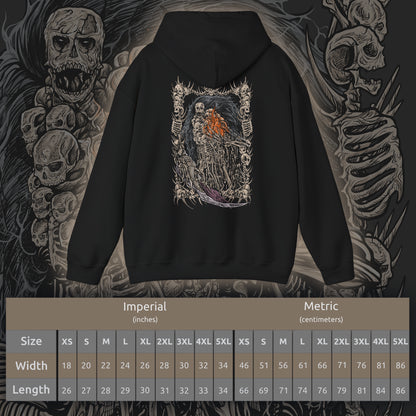 Size chart of a Hooded Sweatshirt showcasing Nito, the Gravelord, a primordial being in Dark Souls who holds dominion over death and decay. His corpse-wrapped form and bone scythe symbolize the inevitable end awaiting all. This artwork evokes the chilling reverence of one of the original Lords who shaped the Age of Fire through dark power.