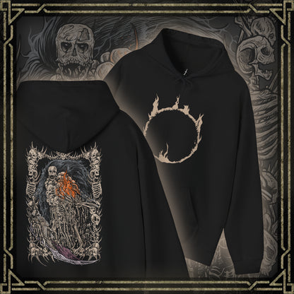 Thumbnail of a Hooded Sweatshirt showcasing Nito, the Gravelord, a primordial being in Dark Souls who holds dominion over death and decay. His corpse-wrapped form and bone scythe symbolize the inevitable end awaiting all. This artwork evokes the chilling reverence of one of the original Lords who shaped the Age of Fire through dark power.