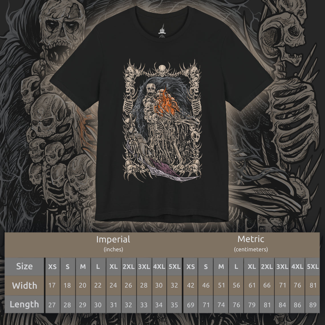 Size chart of a T-shirt featuring Gravelord Nito from Dark Souls, the First of the Dead and lord of death itself. Shrouded in a cloak of bones and shadows, Nito commands miasma and disease, resting deep within the Tomb of the Giants. This design captures his skeletal majesty and the eerie calm of the lord who first brought death to the world.