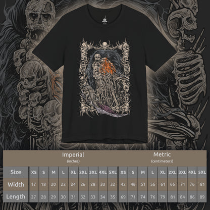 Size chart of a T-shirt featuring Gravelord Nito from Dark Souls, the First of the Dead and lord of death itself. Shrouded in a cloak of bones and shadows, Nito commands miasma and disease, resting deep within the Tomb of the Giants. This design captures his skeletal majesty and the eerie calm of the lord who first brought death to the world.