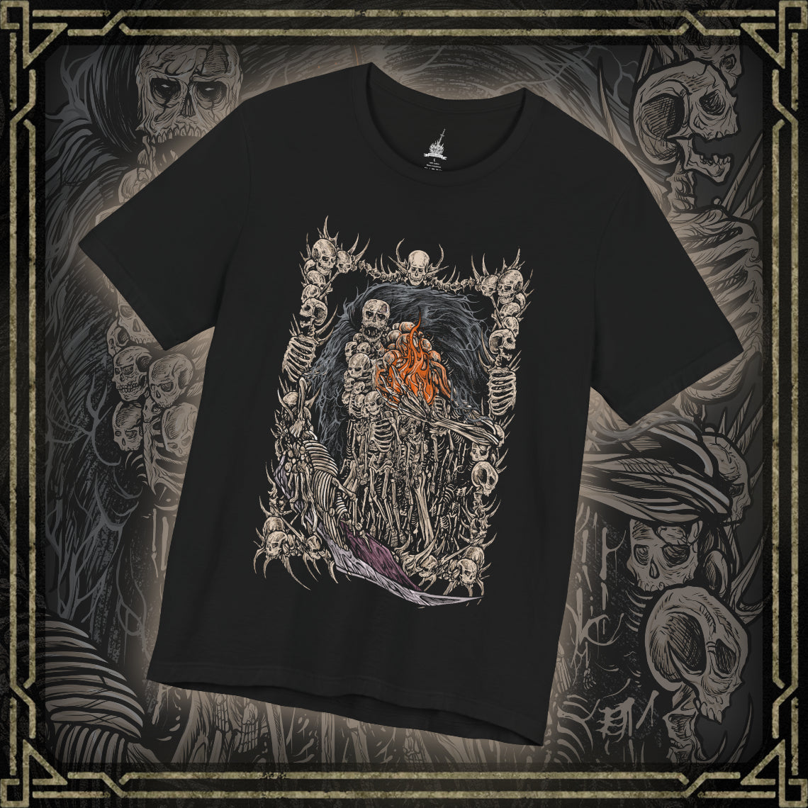 Thumbnail of a T-shirt featuring Gravelord Nito from Dark Souls, the First of the Dead and lord of death itself. Shrouded in a cloak of bones and shadows, Nito commands miasma and disease, resting deep within the Tomb of the Giants. This design captures his skeletal majesty and the eerie calm of the lord who first brought death to the world.