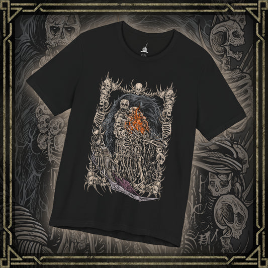 Thumbnail of a T-shirt featuring Gravelord Nito from Dark Souls, the First of the Dead and lord of death itself. Shrouded in a cloak of bones and shadows, Nito commands miasma and disease, resting deep within the Tomb of the Giants. This design captures his skeletal majesty and the eerie calm of the lord who first brought death to the world.