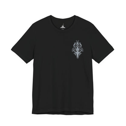 Image 4 of a Dark Souls T-shirt showcasing Great Gray Wolf Sif, the majestic guardian who protects the resting place of Artorias. Her haunting howl echoes through the forest, a mournful tribute to a bond unbroken by death. This artwork embodies her graceful strength and the bittersweet tragedy that defines her legendary battle.