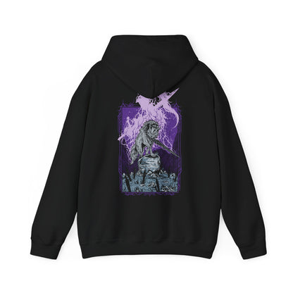 Image 5 of a Hooded Sweatshirt featuring Great Gray Wolf Sif from Dark Souls, the enormous wolf who fights to protect the grave of her fallen master, Artorias. Bearing his massive sword in her jaws, Sif stands as one of the most emotional and memorable bosses in the series. This design honors her loyalty, strength, and the enduring bond between hunter and companion.