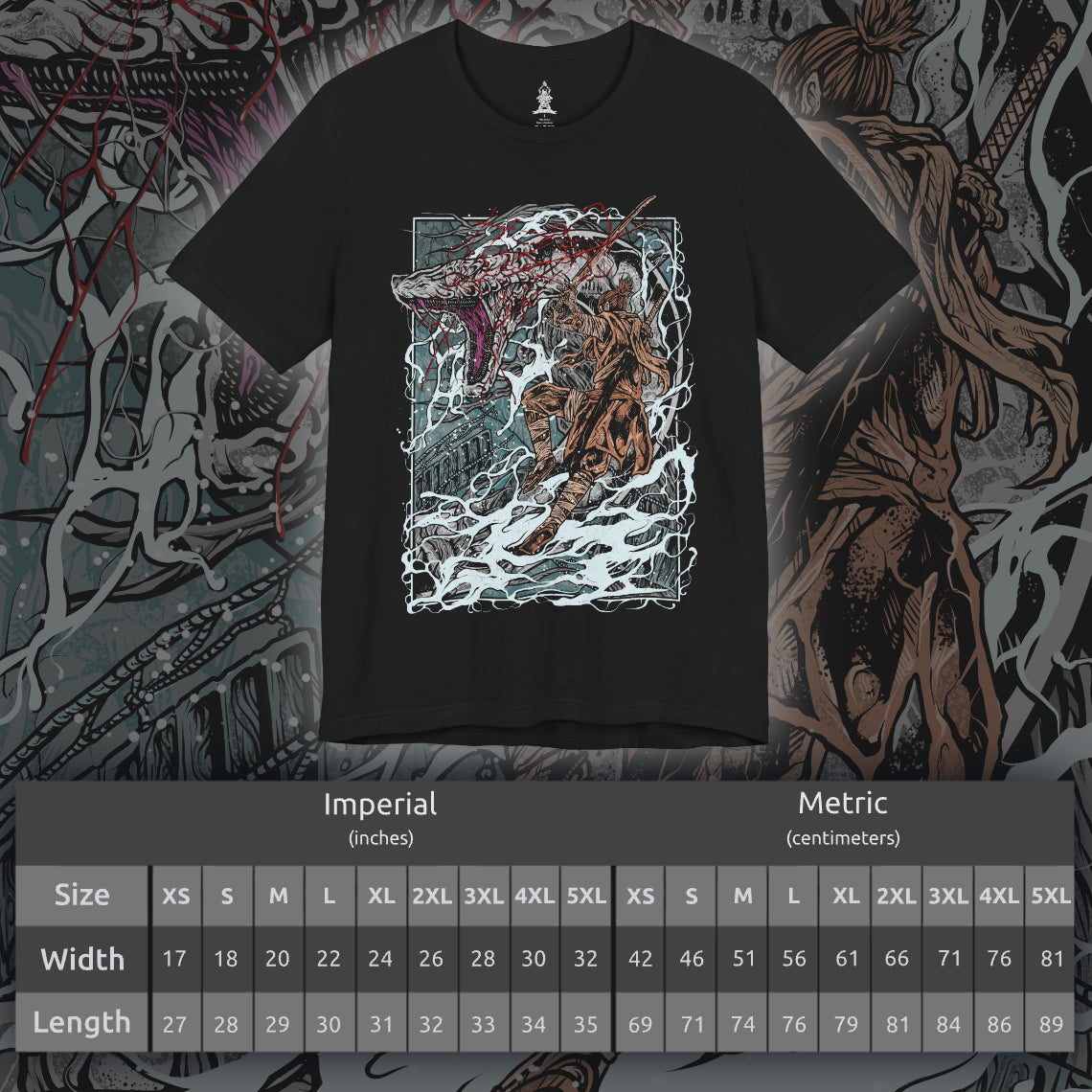 Size chart of a T-shirt showcasing the Great Serpent, a massive, sacred predator from Sekiro: Shadows Die Twice that prowls the mountain passes of Ashina. Its pale, armored coils wind through canyons as it defends its domain from all intruders. This artwork reflects the mythic danger and cinematic scale of Sekiro’s unforgettable serpent battles.