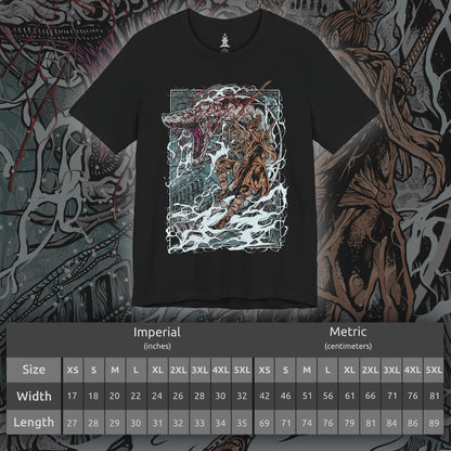 Size chart of a T-shirt showcasing the Great Serpent, a massive, sacred predator from Sekiro: Shadows Die Twice that prowls the mountain passes of Ashina. Its pale, armored coils wind through canyons as it defends its domain from all intruders. This artwork reflects the mythic danger and cinematic scale of Sekiro’s unforgettable serpent battles.