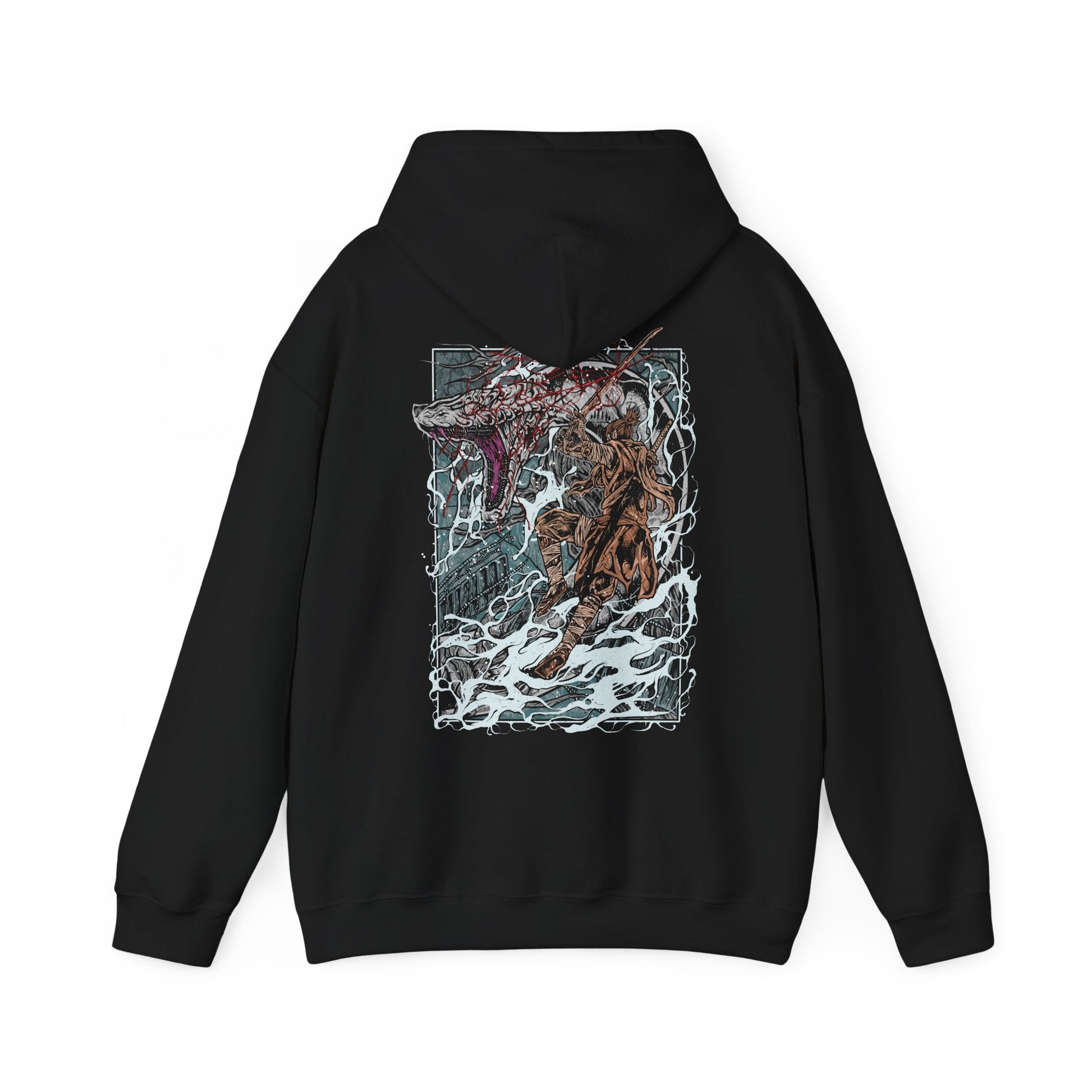 Image 5 of a Sekiro T-shirt featuring the Great Serpent, an enormous divine creature said to embody the mountains themselves. With its white, weathered scales and piercing gaze, it stalks the player through narrow paths and high peaks. This design honors the thrilling cat-and-mouse chase with one of the game’s most breathtaking beasts.