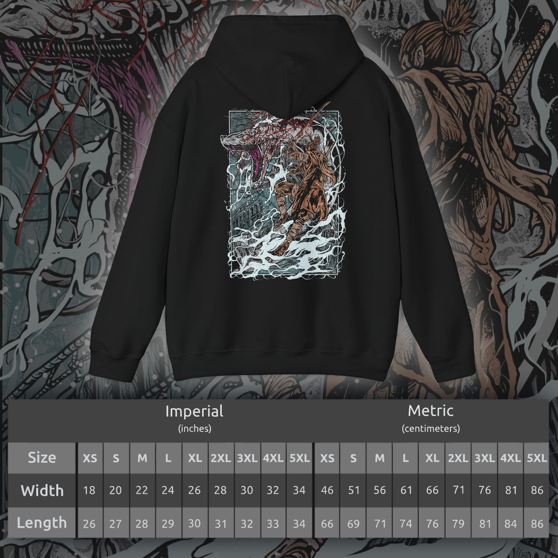 Size chart of a Sekiro T-shirt featuring the Great Serpent, an enormous divine creature said to embody the mountains themselves. With its white, weathered scales and piercing gaze, it stalks the player through narrow paths and high peaks. This design honors the thrilling cat-and-mouse chase with one of the game’s most breathtaking beasts.