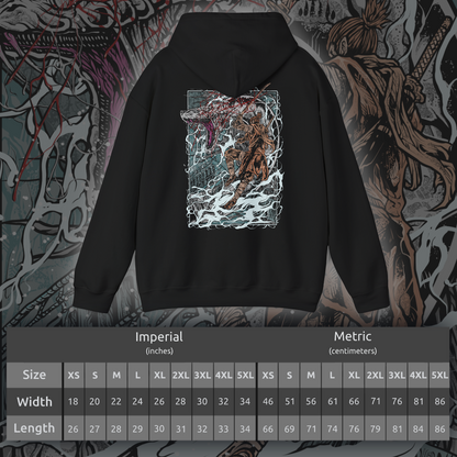 Size chart of a Sekiro T-shirt featuring the Great Serpent, an enormous divine creature said to embody the mountains themselves. With its white, weathered scales and piercing gaze, it stalks the player through narrow paths and high peaks. This design honors the thrilling cat-and-mouse chase with one of the game’s most breathtaking beasts.