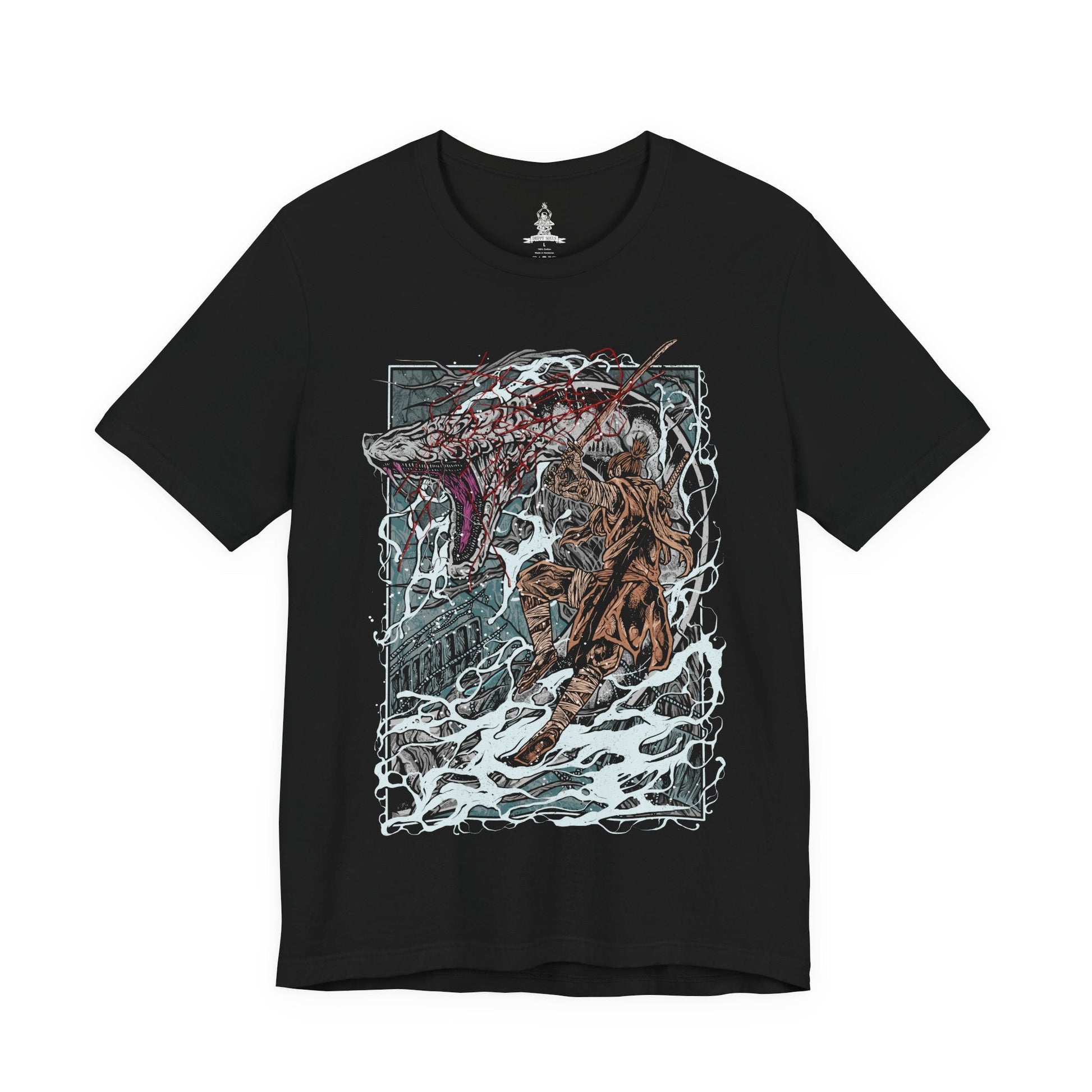 Image 4 of a T-shirt featuring the Great Serpent from Sekiro: Shadows Die Twice, the colossal white-scaled guardian of the Sunken Valley. Towering over cliffs and treacherous bridges, this legendary beast strikes with lightning speed, its eyes burning with ancient malice. This design captures the tension and awe of one of Sekiro’s most iconic encounters.