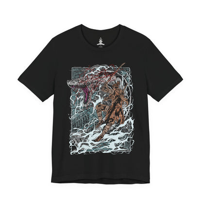 Image 4 of a T-shirt featuring the Great Serpent from Sekiro: Shadows Die Twice, the colossal white-scaled guardian of the Sunken Valley. Towering over cliffs and treacherous bridges, this legendary beast strikes with lightning speed, its eyes burning with ancient malice. This design captures the tension and awe of one of Sekiro’s most iconic encounters.