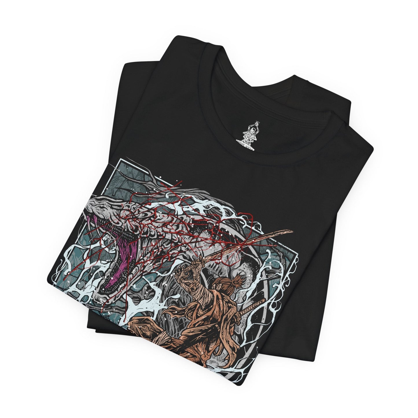 Image 5 of a T-shirt featuring the Great Serpent from Sekiro: Shadows Die Twice, the colossal white-scaled guardian of the Sunken Valley. Towering over cliffs and treacherous bridges, this legendary beast strikes with lightning speed, its eyes burning with ancient malice. This design captures the tension and awe of one of Sekiro’s most iconic encounters.