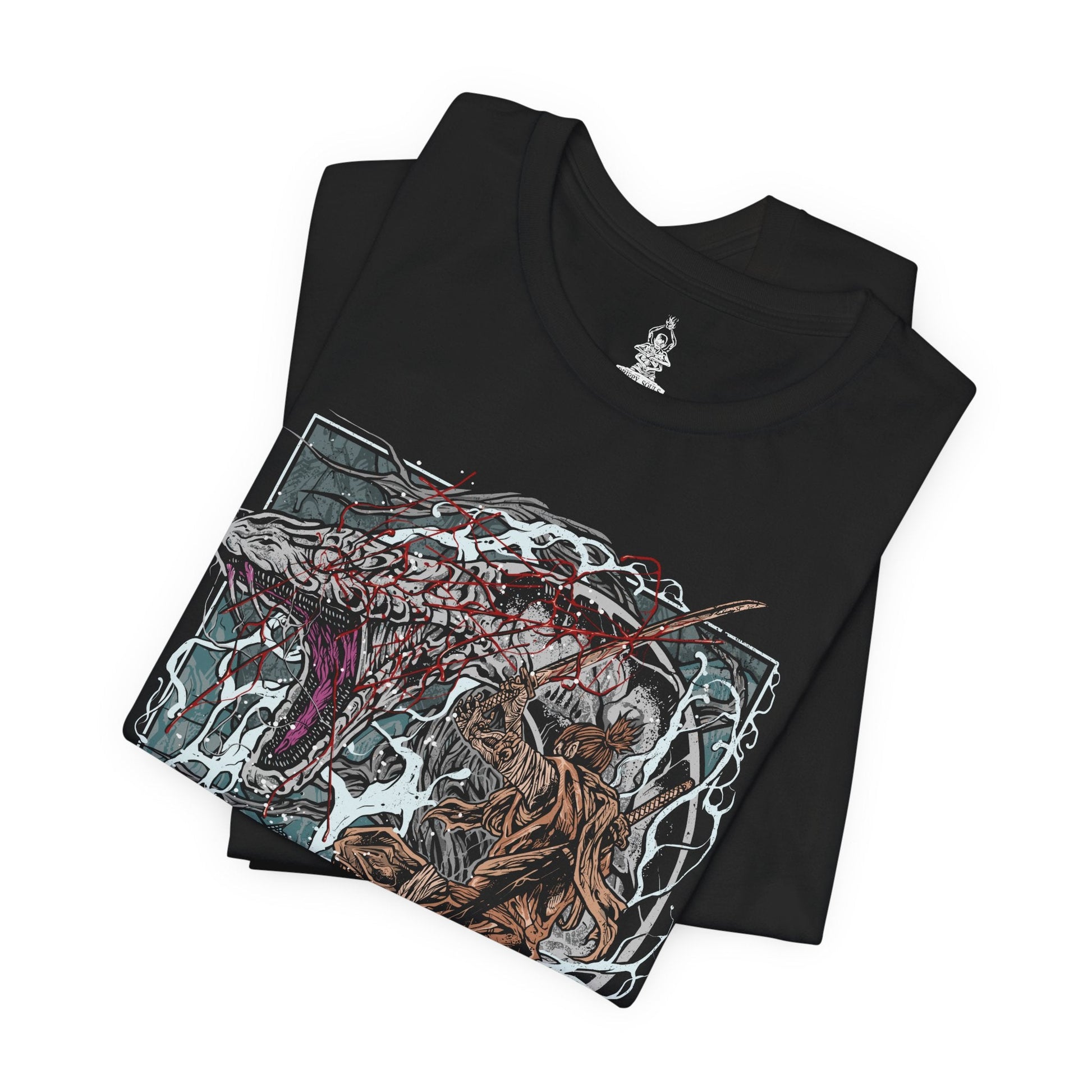 Image 5 of a T-shirt featuring the Great Serpent from Sekiro: Shadows Die Twice, the colossal white-scaled guardian of the Sunken Valley. Towering over cliffs and treacherous bridges, this legendary beast strikes with lightning speed, its eyes burning with ancient malice. This design captures the tension and awe of one of Sekiro’s most iconic encounters.