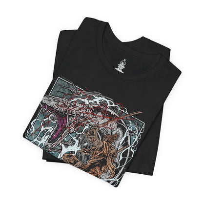 Image 5 of a T-shirt featuring the Great Serpent from Sekiro: Shadows Die Twice, the colossal white-scaled guardian of the Sunken Valley. Towering over cliffs and treacherous bridges, this legendary beast strikes with lightning speed, its eyes burning with ancient malice. This design captures the tension and awe of one of Sekiro’s most iconic encounters.