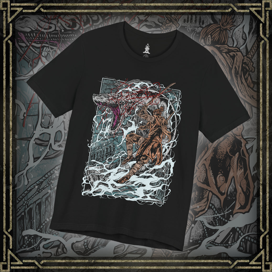 Thumbnail of a T-shirt featuring the Great Serpent from Sekiro: Shadows Die Twice, the colossal white-scaled guardian of the Sunken Valley. Towering over cliffs and treacherous bridges, this legendary beast strikes with lightning speed, its eyes burning with ancient malice. This design captures the tension and awe of one of Sekiro’s most iconic encounters.