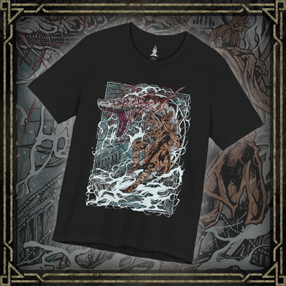Thumbnail of a T-shirt featuring the Great Serpent from Sekiro: Shadows Die Twice, the colossal white-scaled guardian of the Sunken Valley. Towering over cliffs and treacherous bridges, this legendary beast strikes with lightning speed, its eyes burning with ancient malice. This design captures the tension and awe of one of Sekiro’s most iconic encounters.