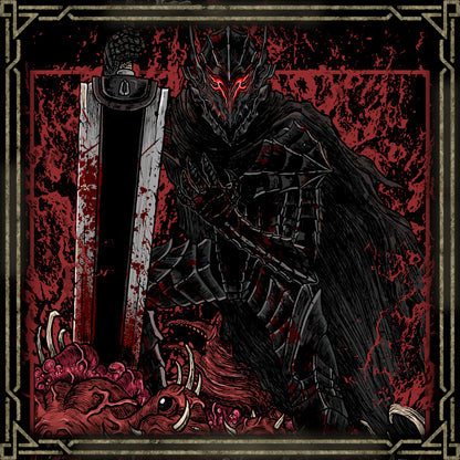 Artwork of Guts Armor Grim. Guts dons the cursed Berserker Armor in Berserk, sacrificing his body and sanity to fight overwhelming evil. The armor unleashes his full rage and strength, ignoring pain and mortal limits—but at the cost of his humanity. This blood-soaked armor reflects Guts’ descent into vengeance, survival, and tragic isolation in a cruel, chaotic world.