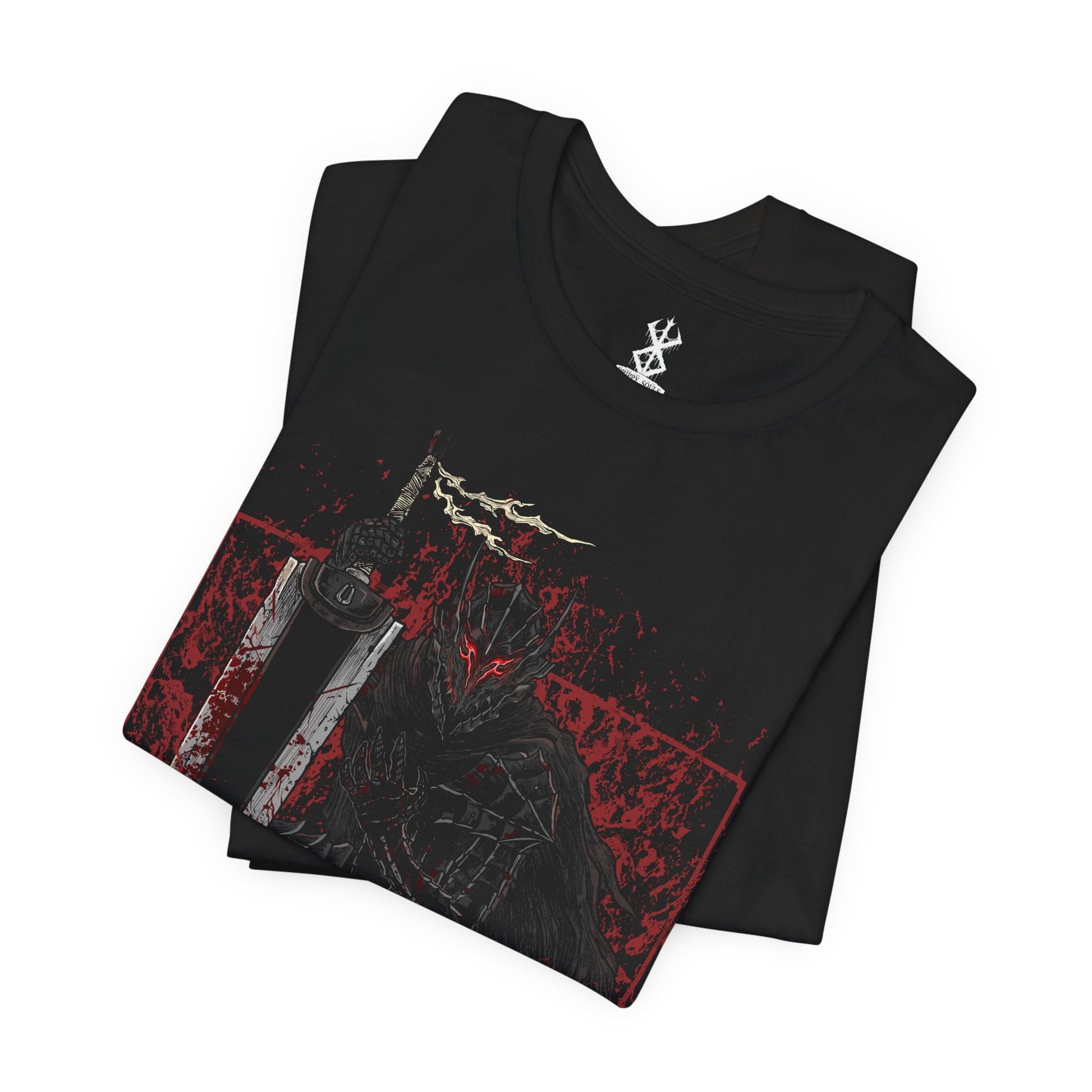 Image 5 of a T-shirt featuring Guts in the Cursed Berserker Armor from Berserk, the Black Swordsman consumed by rage and sorrow. This bloodstained, wolf-shaped armor grants Guts inhuman strength while numbing pain, slowly tearing away at his body and mind. With glowing red eyes and towering presence, this design captures the raw brutality and tragic sacrifice that define Guts’ journey through a world ruled by darkness.