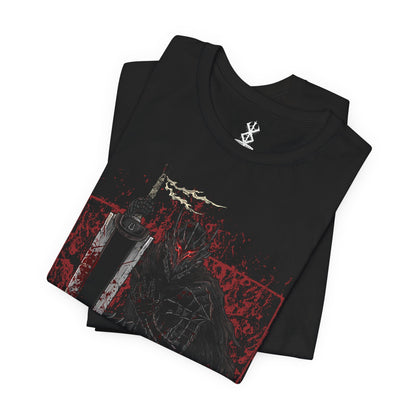 Image 5 of a T-shirt featuring Guts in the Cursed Berserker Armor from Berserk, the Black Swordsman consumed by rage and sorrow. This bloodstained, wolf-shaped armor grants Guts inhuman strength while numbing pain, slowly tearing away at his body and mind. With glowing red eyes and towering presence, this design captures the raw brutality and tragic sacrifice that define Guts’ journey through a world ruled by darkness.