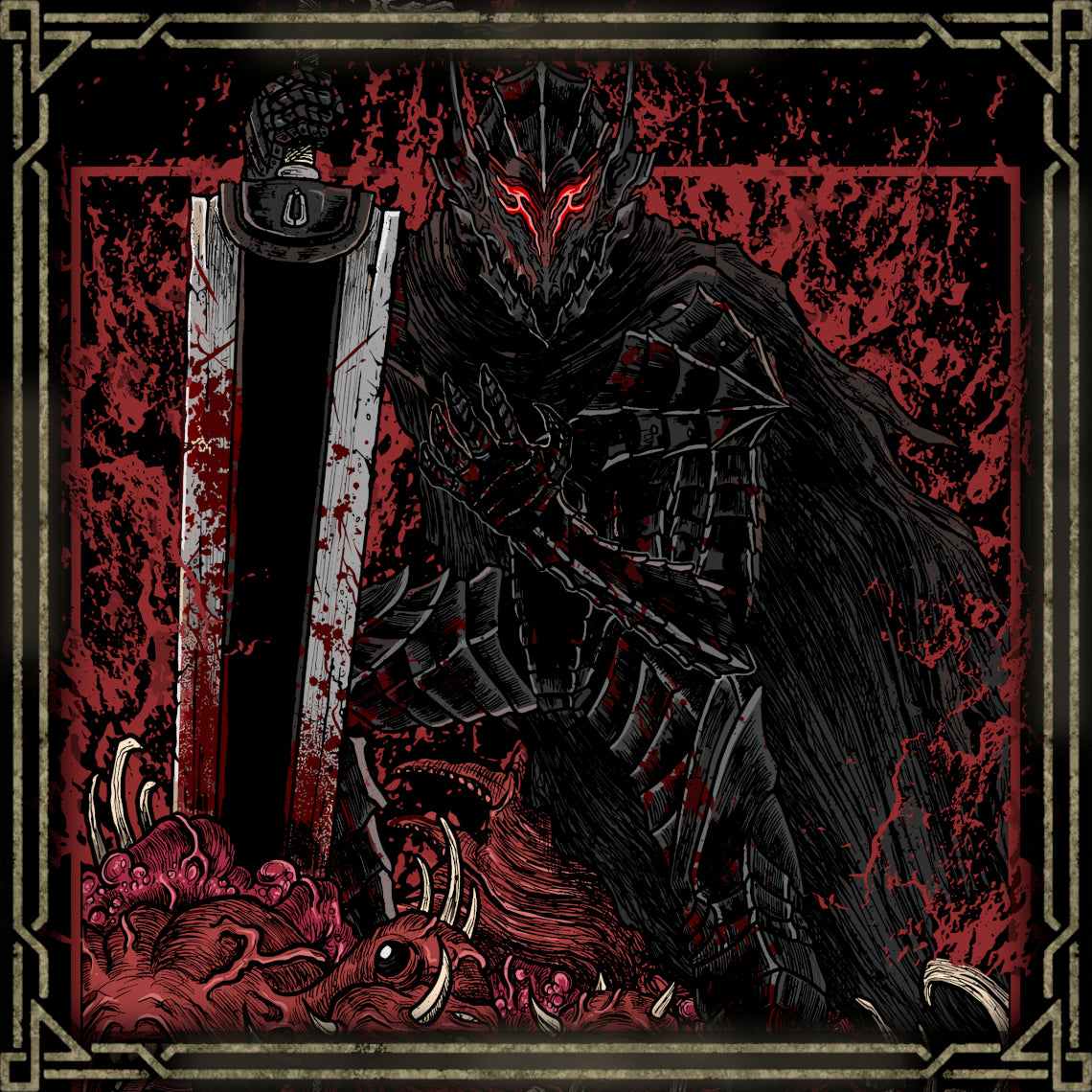 Wallpaper of Guts Armor Grim. The Berserker Armor worn by Guts in Berserk is a fearsome and mystical suit of armor that amplifies his already formidable combat abilities. When donned, it unleashes his full fury, pushing him beyond normal human limits and allowing him to fight with relentless ferocity. Designed to ignore pain and injury, the armor grants Guts immense strength, speed, and resilience, enabling him to take on even the most terrifying foes without hesitation.
