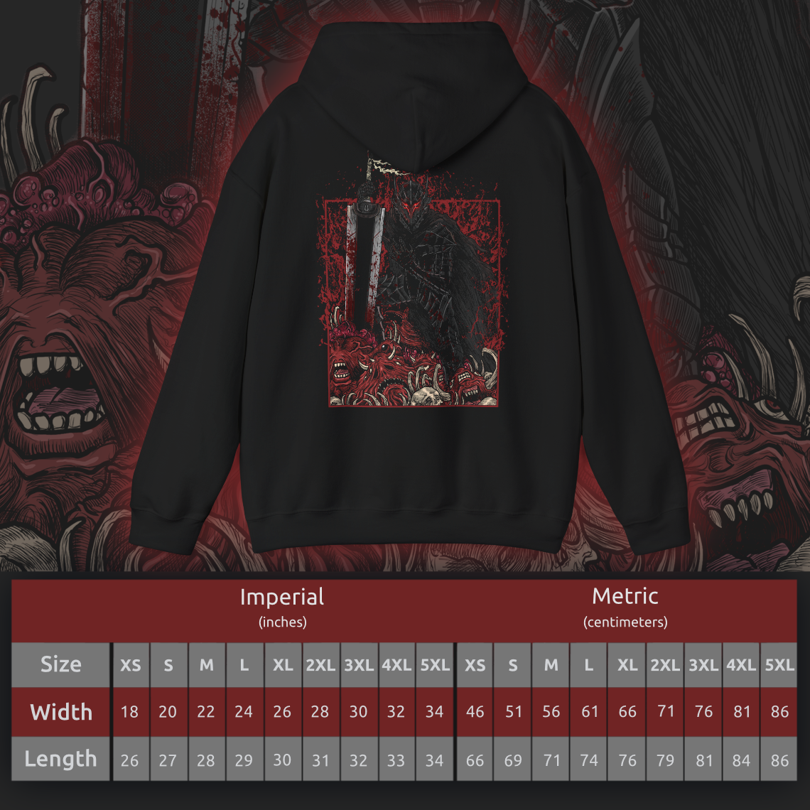 Size chart of a Hooded Sweatshirt showcasing Guts in his Berserker Armor from Berserk, the iconic black armor forged to unleash unstoppable fury. This cursed armor amplifies Guts’ power at the cost of his humanity, transforming him into a feral force of vengeance. Paired with the legendary Dragonslayer sword, the design evokes his relentless battle against apostles and fate itself—perfect for fans of Kentaro Miura’s dark, powerful legacy.