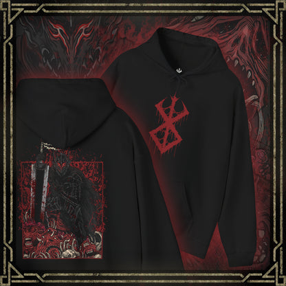 Thumbnail of a Hooded Sweatshirt showcasing Guts in his Berserker Armor from Berserk, the iconic black armor forged to unleash unstoppable fury. This cursed armor amplifies Guts’ power at the cost of his humanity, transforming him into a feral force of vengeance. Paired with the legendary Dragonslayer sword, the design evokes his relentless battle against apostles and fate itself—perfect for fans of Kentaro Miura’s dark, powerful legacy.