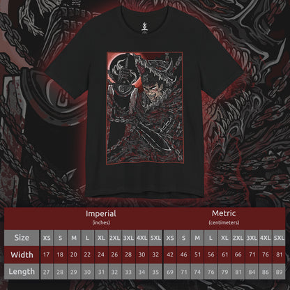 Size chart of a Hooded Sweatshirt showcasing Guts in the midst of his explosive rage from Berserk, a reflection of the inner turmoil that defines his character. From his tragic childhood to his brutal battles, Guts’ fury is the driving force of his relentless pursuit of vengeance. The design highlights his fierce determination, with his massive Dragonslayer sword raised high and eyes burning with hatred, embodying the violent, relentless spirit that fans have come to love.