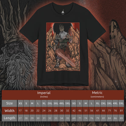 Size chart of a T-shirt featuring Gwyn, Lord of Cinder from Dark Souls, the once-mighty god who linked the First Flame to prolong the Age of Fire. Now a hollowed husk, Gwyn wields a flaming greatsword in a final act of sacrifice. This design captures the solemn tragedy of his fall from divine king to fading ember in the Kiln.