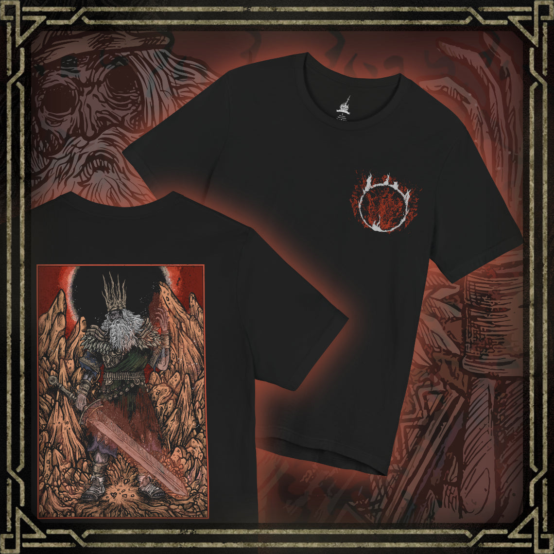 Thumbnail of a T-shirt featuring Gwyn, Lord of Cinder from Dark Souls, the once-mighty god who linked the First Flame to prolong the Age of Fire. Now a hollowed husk, Gwyn wields a flaming greatsword in a final act of sacrifice. This design captures the solemn tragedy of his fall from divine king to fading ember in the Kiln.