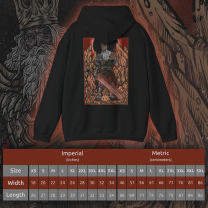 Size chart of a Hooded Sweatshirt showcasing Gwyn, Lord of Cinder from Dark Souls, the fallen deity who founded the Age of Fire. His majestic armor scorched and his glory reduced to embers, Gwyn stands as a husk of his former self—still guarding the flame he once kindled. With his burning greatsword and regal yet broken posture, this design reflects the sacrifice and sorrow that define one of the game’s most pivotal and emotional final encounters.