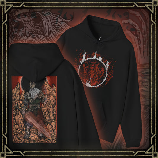 Thumbnail of a Hooded Sweatshirt showcasing Gwyn, Lord of Cinder from Dark Souls, the fallen deity who founded the Age of Fire. His majestic armor scorched and his glory reduced to embers, Gwyn stands as a husk of his former self—still guarding the flame he once kindled. With his burning greatsword and regal yet broken posture, this design reflects the sacrifice and sorrow that define one of the game’s most pivotal and emotional final encounters.