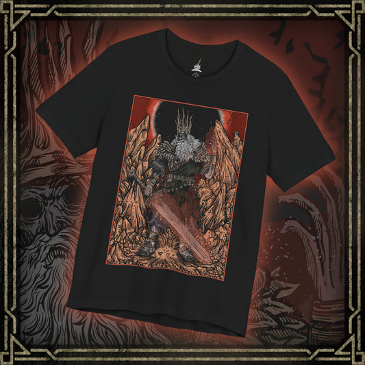 Thumbnail of a T-shirt featuring Gwyn, Lord of Cinder from Dark Souls, the once-mighty god who sacrificed his soul to link the First Flame. Clad in tattered robes and wielding a flaming greatsword, Gwyn is a tragic figure—his power diminished, his body consumed by fire. This design captures his solemn stance within the Kiln of the First Flame, symbolizing the fading age of gods and the cost of clinging to light in a world on the brink of darkness.