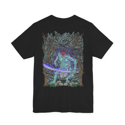 Image 5 of a T-shirt artwork depicting the Headless emerging from fog-drenched woodland ruins, its headless torso crowned with ghostly smoke where a face should be. Ancient stone statues and twisted roots frame the scene as the creature drags its blade across damp earth. This design reflects Sekiro’s occult underworld, the presence of spirits bound to cursed battlefields, and the suffocating fear of unseen forces.