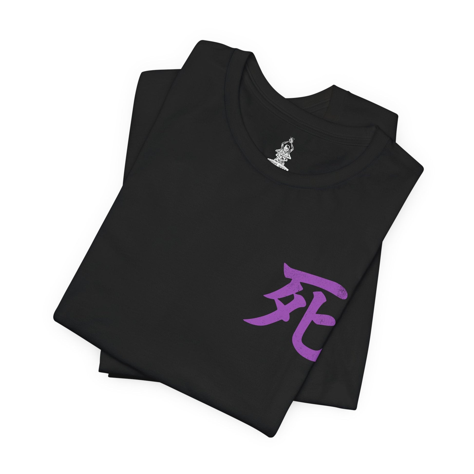 Image 6 of a T-shirt artwork depicting the Headless emerging from fog-drenched woodland ruins, its headless torso crowned with ghostly smoke where a face should be. Ancient stone statues and twisted roots frame the scene as the creature drags its blade across damp earth. This design reflects Sekiro’s occult underworld, the presence of spirits bound to cursed battlefields, and the suffocating fear of unseen forces.