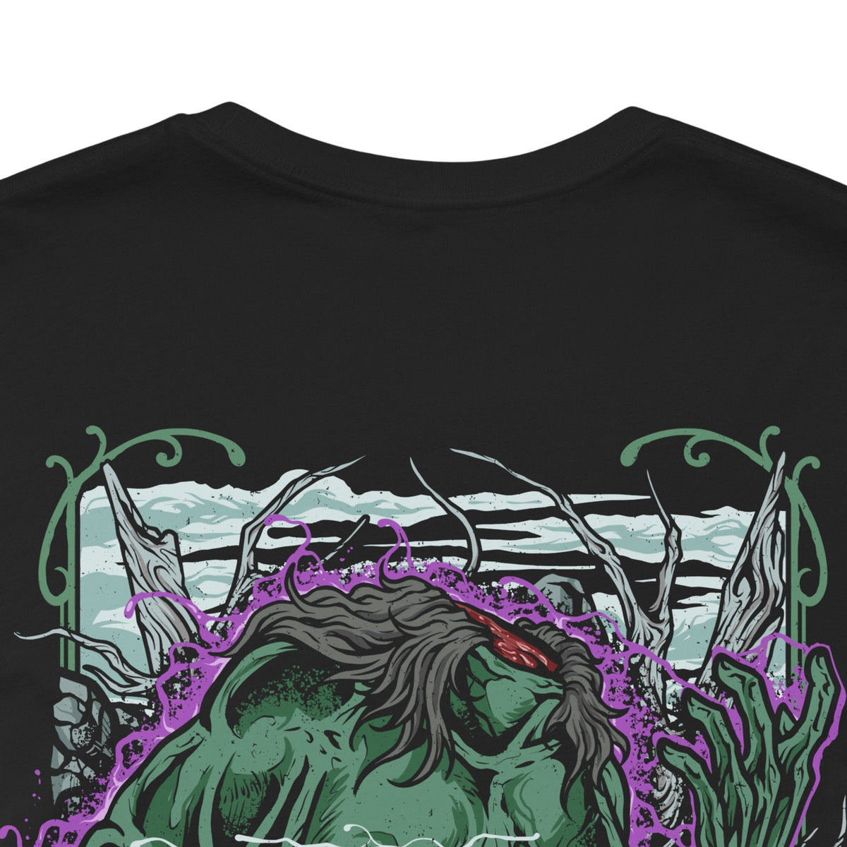 Image 7 of a T-shirt artwork depicting the Headless emerging from fog-drenched woodland ruins, its headless torso crowned with ghostly smoke where a face should be. Ancient stone statues and twisted roots frame the scene as the creature drags its blade across damp earth. This design reflects Sekiro’s occult underworld, the presence of spirits bound to cursed battlefields, and the suffocating fear of unseen forces.