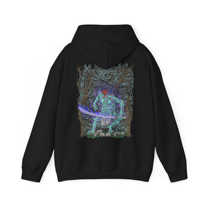 Image 5 of a Hooded Sweatshirt illustration of the Headless lurking among dense forest shadows, purple flames of Terror illuminating its mutilated form. The surrounding woods fade into darkness as spectral particles drift through the air, emphasizing isolation and dread. The composition highlights the unnatural silence of Ashina’s cursed groves and the chilling legend of a warrior reduced to a wandering spirit.