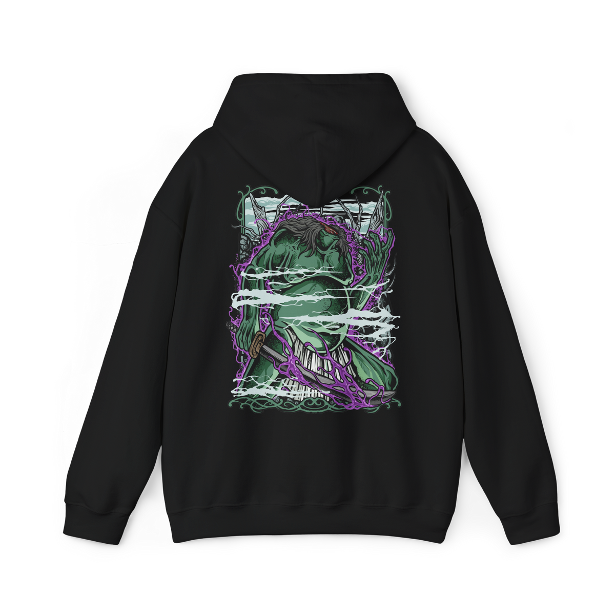 Image 5 of a Hooded Sweatshirt illustration of the Headless lurking among dense forest shadows, purple flames of Terror illuminating its mutilated form. The surrounding woods fade into darkness as spectral particles drift through the air, emphasizing isolation and dread. The composition highlights the unnatural silence of Ashina’s cursed groves and the chilling legend of a warrior reduced to a wandering spirit.