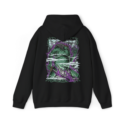 Image 5 of a Hooded Sweatshirt illustration of the Headless lurking among dense forest shadows, purple flames of Terror illuminating its mutilated form. The surrounding woods fade into darkness as spectral particles drift through the air, emphasizing isolation and dread. The composition highlights the unnatural silence of Ashina’s cursed groves and the chilling legend of a warrior reduced to a wandering spirit.