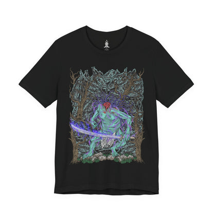 Image 4 of a T-shirt design of the Headless from Sekiro: Shadows Die Twice, standing deep within a shadowed forest as mist coils around its decapitated body. Its massive blade drips with spectral energy while purple Terror aura radiates outward, warping the trees and air around it. The design captures the oppressive dread of hidden mini-boss encounters and the supernatural horror haunting Ashina’s forgotten woods.