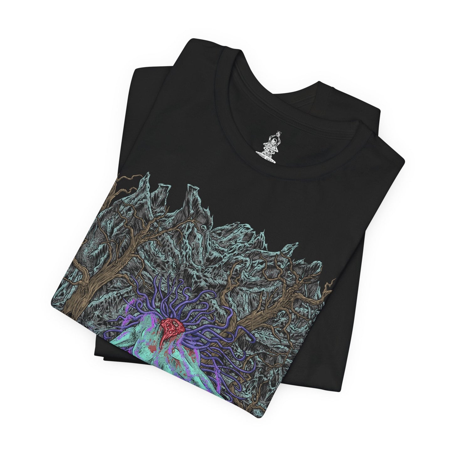 Image 5 of a T-shirt design of the Headless from Sekiro: Shadows Die Twice, standing deep within a shadowed forest as mist coils around its decapitated body. Its massive blade drips with spectral energy while purple Terror aura radiates outward, warping the trees and air around it. The design captures the oppressive dread of hidden mini-boss encounters and the supernatural horror haunting Ashina’s forgotten woods.