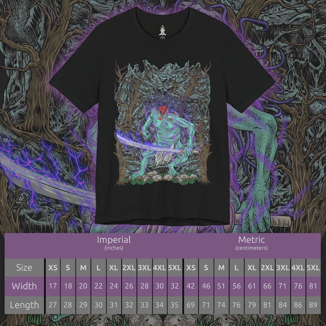 Size chart of a T-shirt design of the Headless from Sekiro: Shadows Die Twice, standing deep within a shadowed forest as mist coils around its decapitated body. Its massive blade drips with spectral energy while purple Terror aura radiates outward, warping the trees and air around it. The design captures the oppressive dread of hidden mini-boss encounters and the supernatural horror haunting Ashina’s forgotten woods.