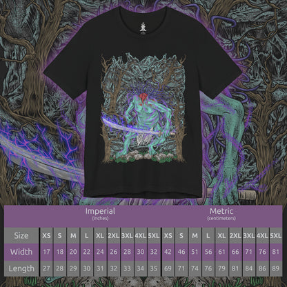 Size chart of a T-shirt design of the Headless from Sekiro: Shadows Die Twice, standing deep within a shadowed forest as mist coils around its decapitated body. Its massive blade drips with spectral energy while purple Terror aura radiates outward, warping the trees and air around it. The design captures the oppressive dread of hidden mini-boss encounters and the supernatural horror haunting Ashina’s forgotten woods.