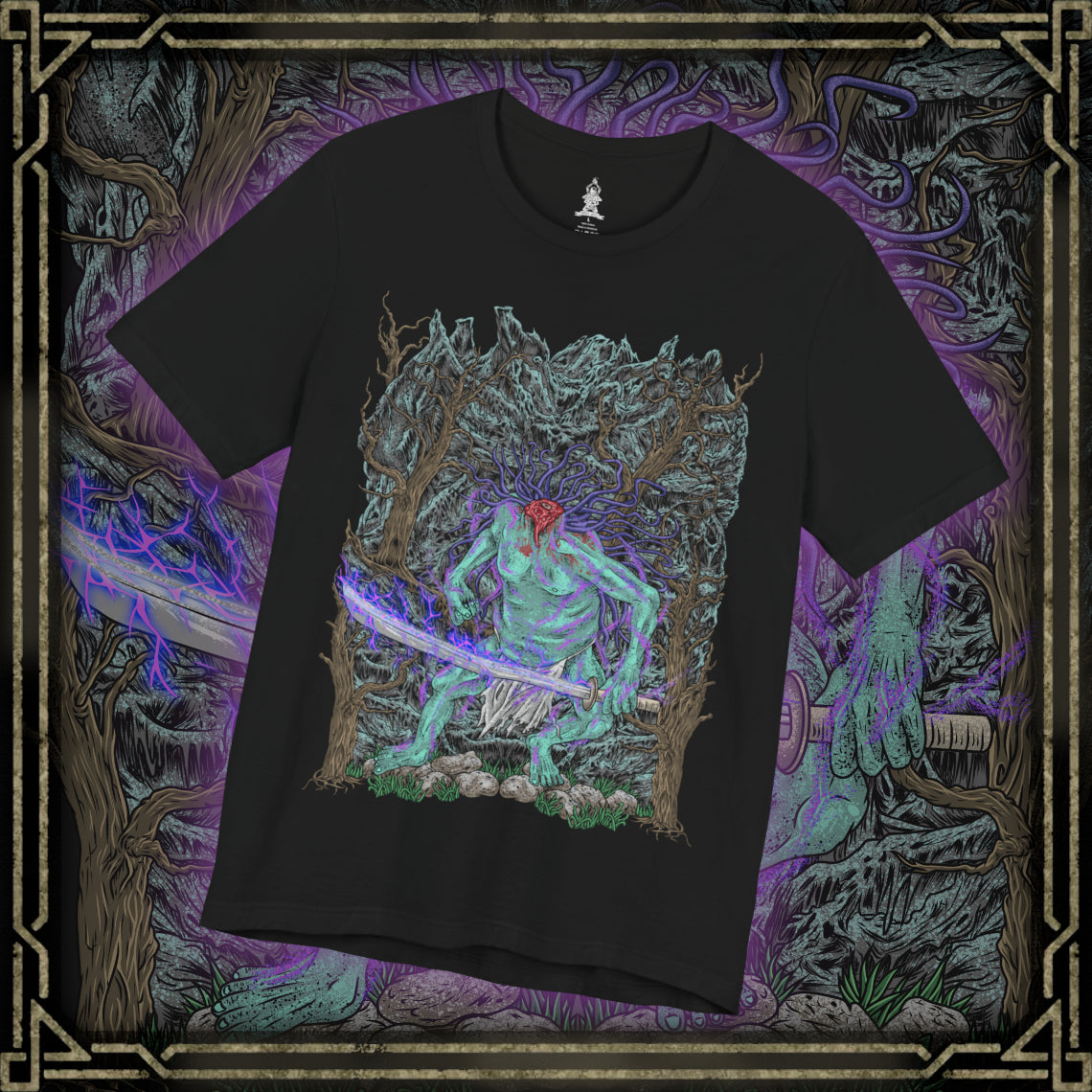 Thumbnail of a T-shirt design of the Headless from Sekiro: Shadows Die Twice, standing deep within a shadowed forest as mist coils around its decapitated body. Its massive blade drips with spectral energy while purple Terror aura radiates outward, warping the trees and air around it. The design captures the oppressive dread of hidden mini-boss encounters and the supernatural horror haunting Ashina’s forgotten woods.