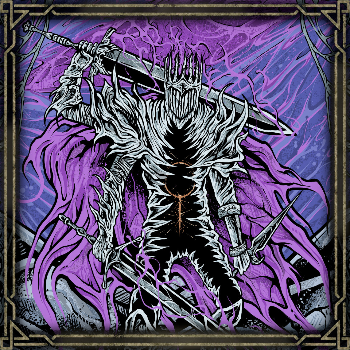 Concept Art of Heolstor the Nightlord. From the carnage of a ruined kingdom, Heolstor the Nightlord rose alone, vowing vengeance upon the world. Now ruler of Limveld after the Shattering, he wields the power of the Night’s Tide, calling forth horrors beyond mortal comprehension. His shadowy realm, sealed within a petrified tree, awaits those who dare oppose him.