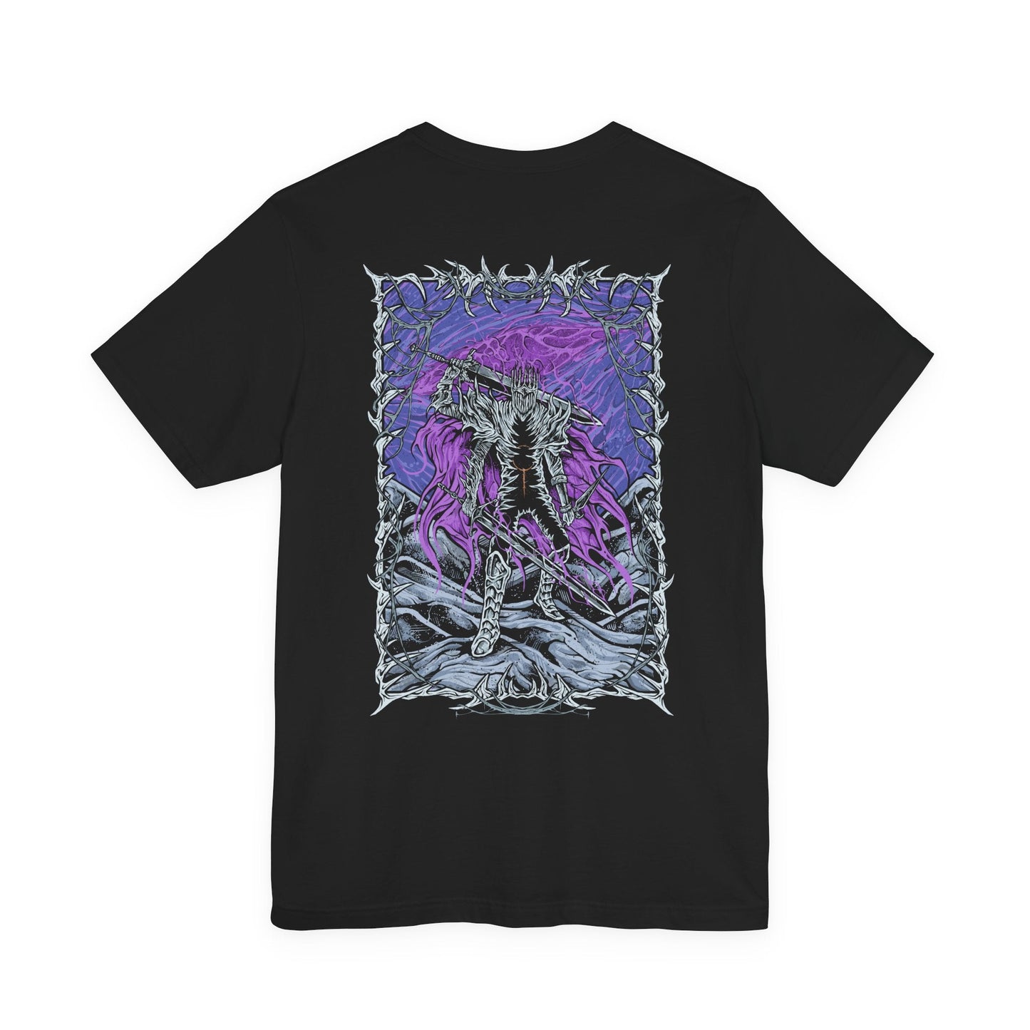 Image 5 of a T-shirt showcasing Heolstor the Nightlord, the undead warlord of Elden Ring Nightreign who cheated death to claim dominion over the shattered world. With the power to summon horrors from beyond, he stands as the dark ruler of Limveld, opposed only by the Nightfarers of the Roundtable Hold. This artwork reflects his tragic origin and apocalyptic presence.